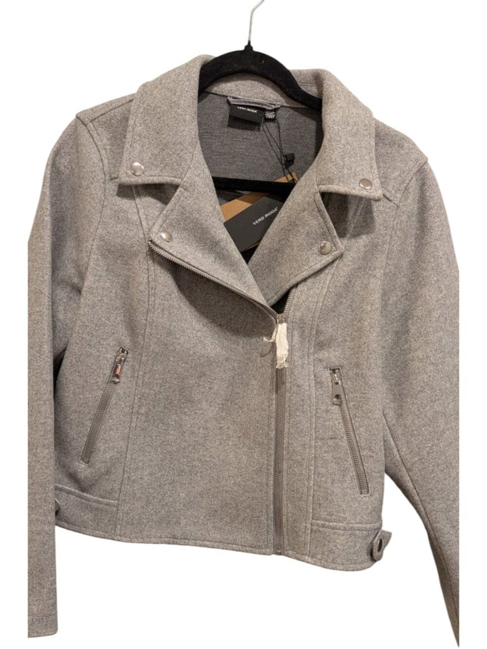 NEW Vero Moda Wool-Blend Cropped Moto Jacket | Grey Melange M